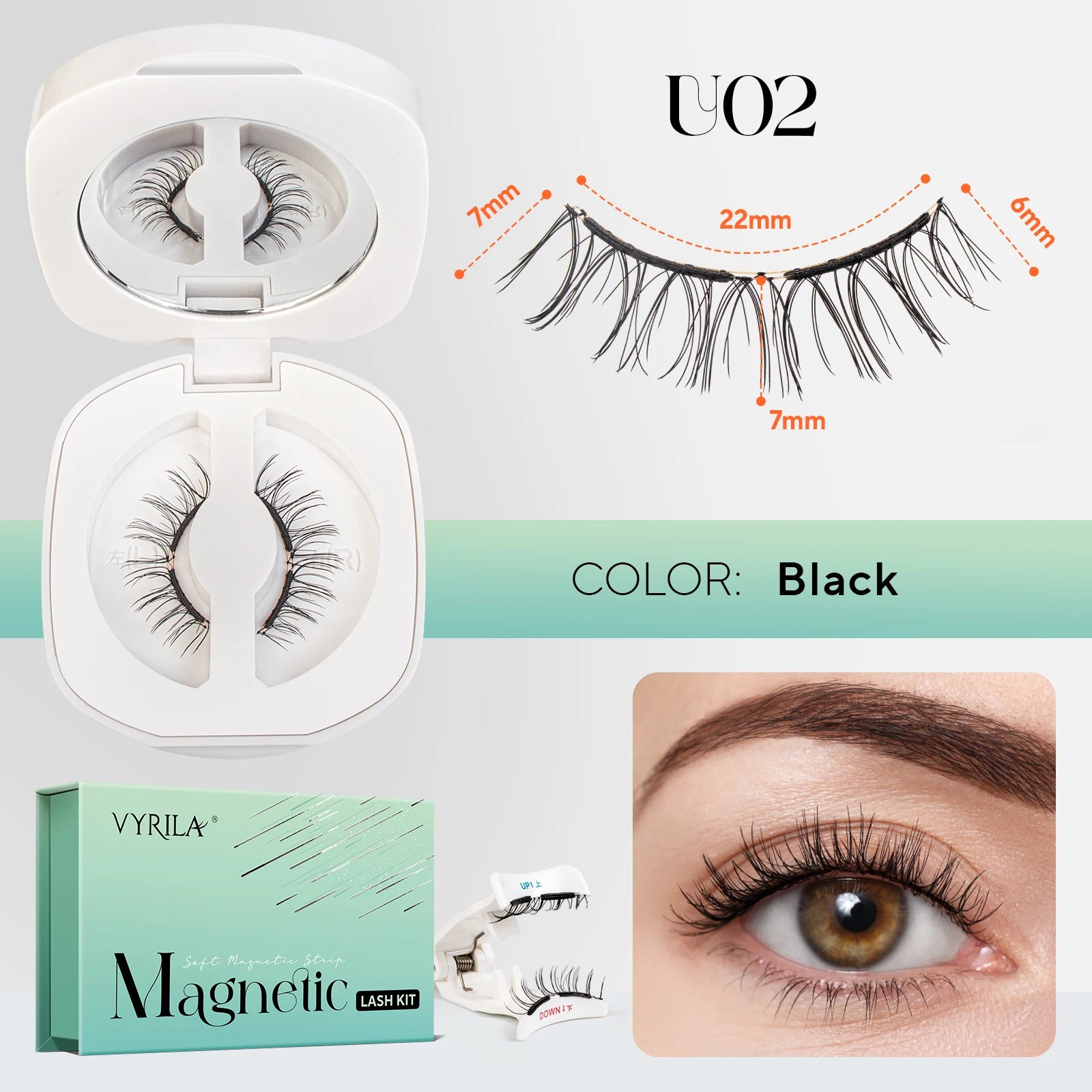 Magnetic Eyelashes Reusable Natural Look False Lashes in black with applicator and eye close-up.